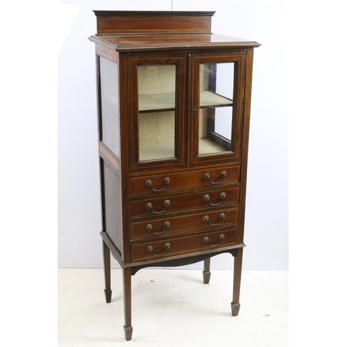 566 - Edwardian mahogany inlaid display cabinet with double glazed doors above an arrangement of four draw... 