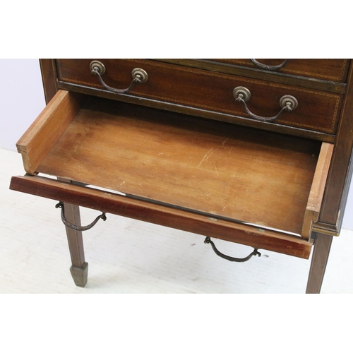 566 - Edwardian mahogany inlaid display cabinet with double glazed doors above an arrangement of four draw... 