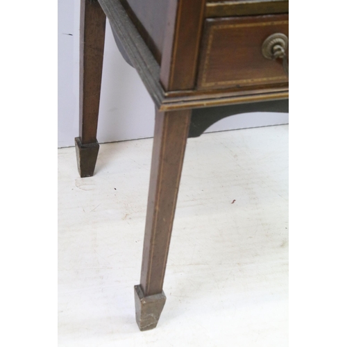 566 - Edwardian mahogany inlaid display cabinet with double glazed doors above an arrangement of four draw... 