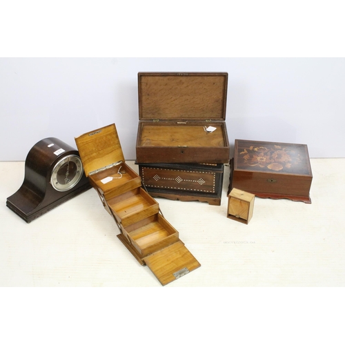 427 - Collection of four boxes, comprising: an early 20th century walnut cantilevered box, opening to thre... 