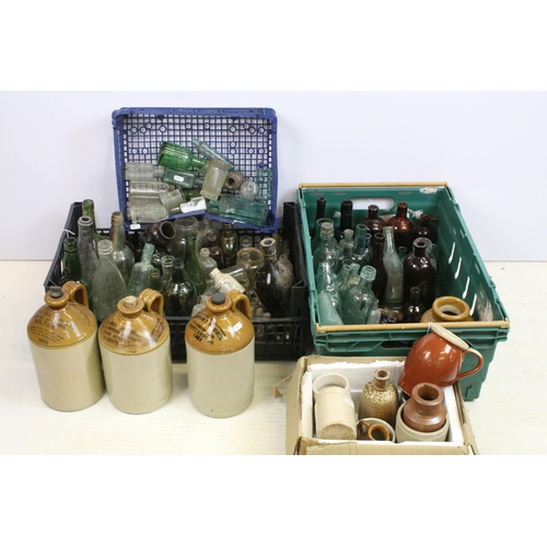 419 - Large collection of antique glass bottles and stoneware items, varying sizes to include Scott's Bolt... 