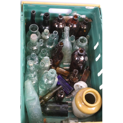 419 - Large collection of antique glass bottles and stoneware items, varying sizes to include Scott's Bolt... 