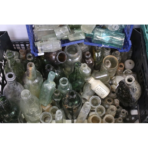 419 - Large collection of antique glass bottles and stoneware items, varying sizes to include Scott's Bolt... 