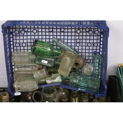 419 - Large collection of antique glass bottles and stoneware items, varying sizes to include Scott's Bolt... 