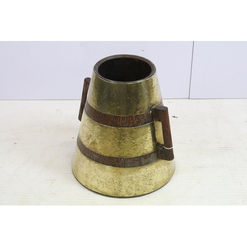 441 - Early 20th century brass and oak conical cask container with side handles, H 34cm, base diameter 32.... 