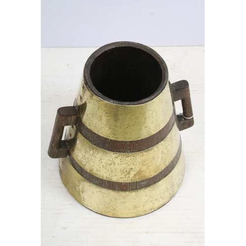 441 - Early 20th century brass and oak conical cask container with side handles, H 34cm, base diameter 32.... 