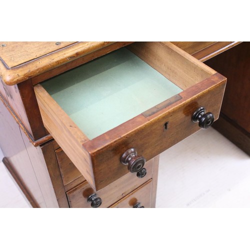 573 - Vixctorian mahogany twin pedestal desk, with an arrangement of nine drawers, some of the brass locks... 