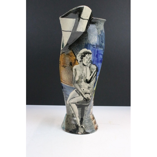 15 - Paul Jackson stylised abstract studio pottery jug 2000 with nude subjects, glazed earthenware, signe... 