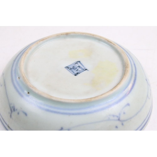 4 - 17th century blue and white Chinese dish with game playing scene and blue border, diameter 13.5cm, H... 