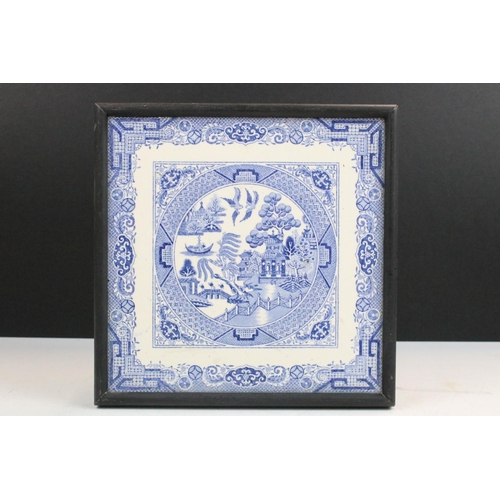 27 - Set of four framed blue and white willow pattern style tiles, tile size, W 20.5cm x D 20.5cm