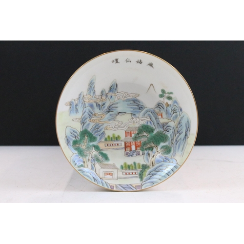 43 - 19th Century Chinese cup and saucer each being enamelled with mountainous pagoda scenes in red, gree... 