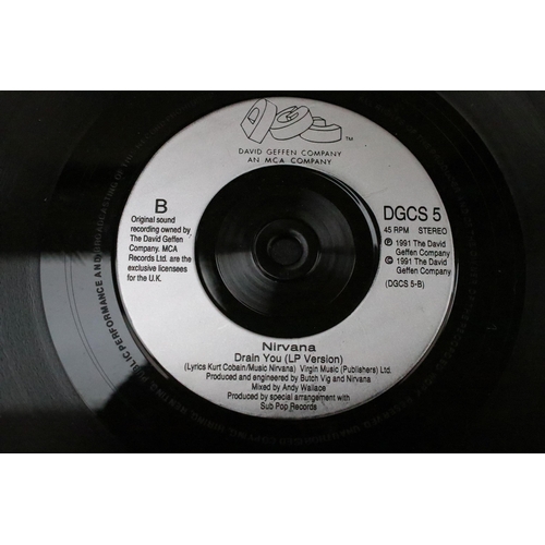 325 - Vinyl - 4 Nirvana UK pressing 7” singles to include: Smells Like Teen Spirit (DGCS 5), Come As You A... 