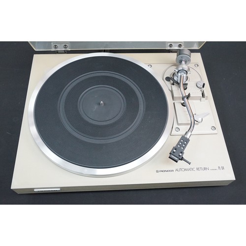 1398 - Hi-Fi - 2 Pioneer belt driven turntables to include a PL-12D and a PL-514 along with a Roland MC303