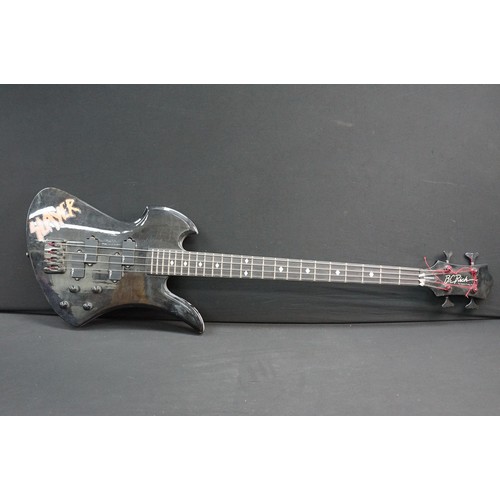 1400 - Guitar - BC Rich Mockingbird electric bass guitar in black. Slayer sticker applied to body.