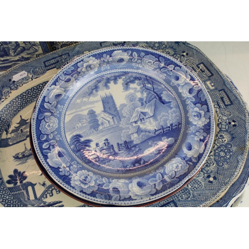 29 - Selection of large meat platter plates, to include Willow pattern Ironstone designs, pagoda scene, b... 