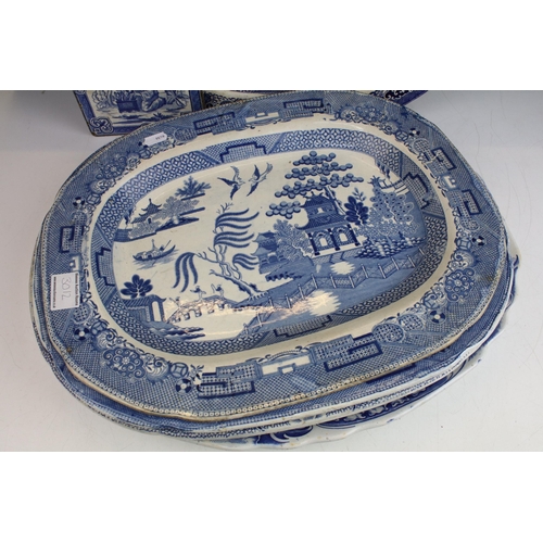 29 - Selection of large meat platter plates, to include Willow pattern Ironstone designs, pagoda scene, b... 