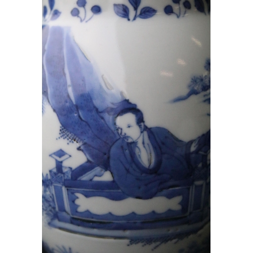 10A - Chinese late Ming dynasty blue and white vase having hand painted blue underglaze detailing featurin... 