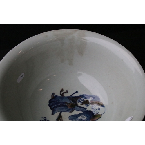 30A - Chinese Kangxi footed bowl having a flared rim, powder blue exterior with an underglaze hand painted... 