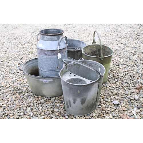 544 - Group of galvanised steel to include milk pail, twin handled planter, and three buckets. Largest mea... 