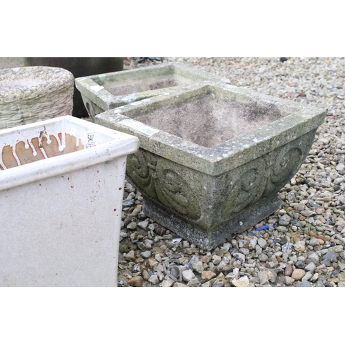 547 - Pair of reconstituted stone garden planters of square form with moulded details together with a whit... 