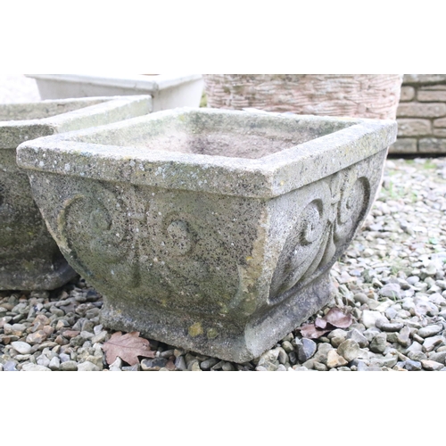 547 - Pair of reconstituted stone garden planters of square form with moulded details together with a whit... 