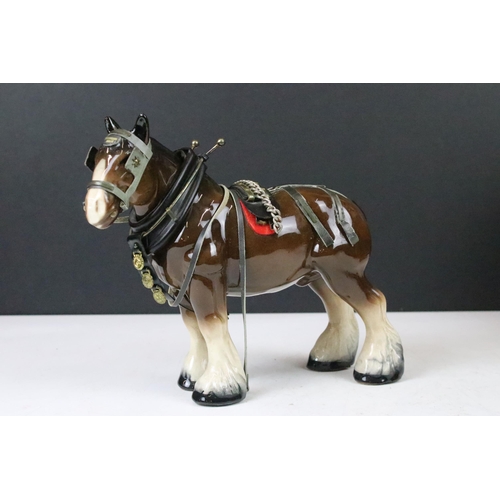 130 - Mid 20th century Melba Ware Shire horse and wooden cart figurine with leather tack, H 20cm