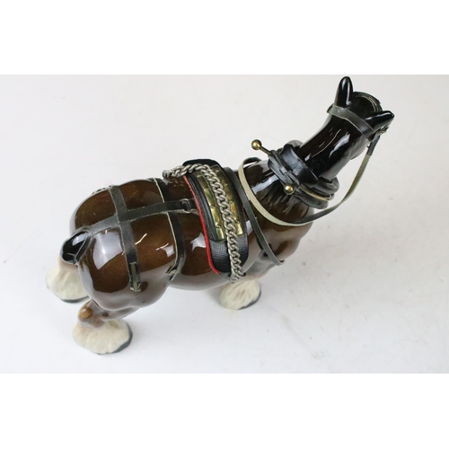 130 - Mid 20th century Melba Ware Shire horse and wooden cart figurine with leather tack, H 20cm