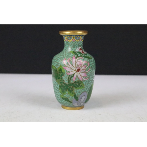 134 - Cloisonne bowl with inner copper rim, diameter 20cm along with a small green vase with floral and gi... 