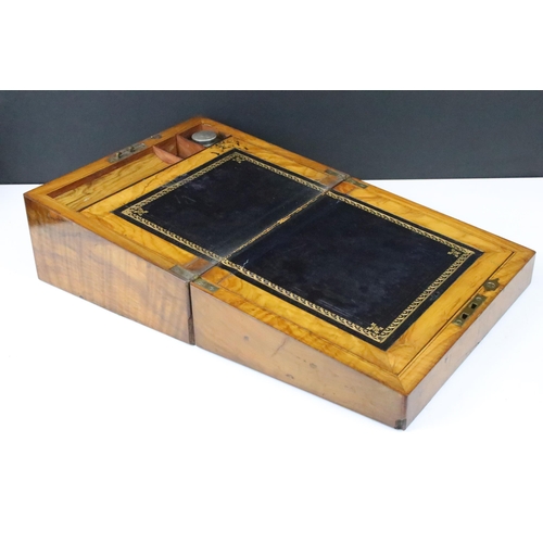 137 - Brass inlay walnut writing slope box with glass inkwell and pen rest W 30cm, D 23.5cm, H 15cm