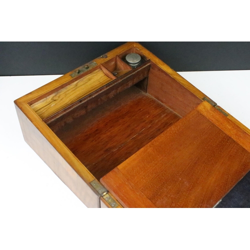 137 - Brass inlay walnut writing slope box with glass inkwell and pen rest W 30cm, D 23.5cm, H 15cm