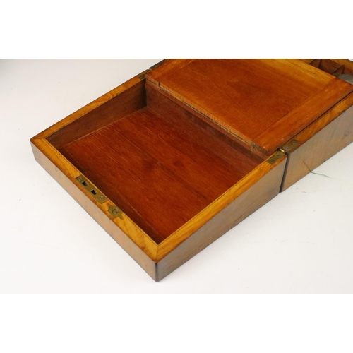 137 - Brass inlay walnut writing slope box with glass inkwell and pen rest W 30cm, D 23.5cm, H 15cm