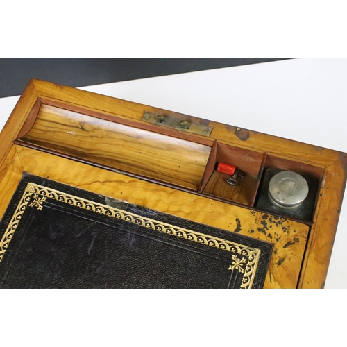 137 - Brass inlay walnut writing slope box with glass inkwell and pen rest W 30cm, D 23.5cm, H 15cm