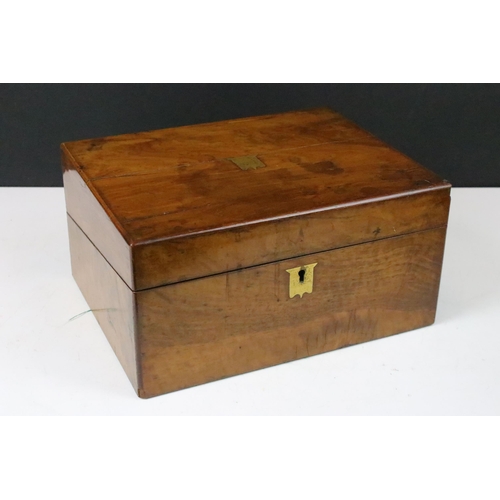 137 - Brass inlay walnut writing slope box with glass inkwell and pen rest W 30cm, D 23.5cm, H 15cm