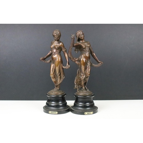 141 - Pair of brass Art Nouveau sculpture female figurines on turned wooden bases, one named 'Modestie' an... 