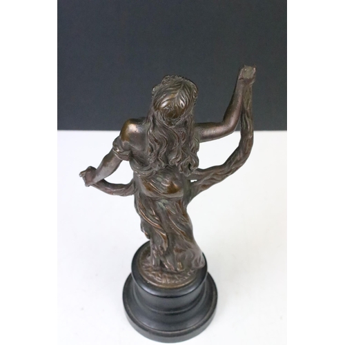 141 - Pair of brass Art Nouveau sculpture female figurines on turned wooden bases, one named 'Modestie' an... 