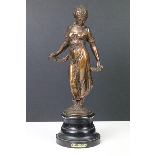 141 - Pair of brass Art Nouveau sculpture female figurines on turned wooden bases, one named 'Modestie' an... 