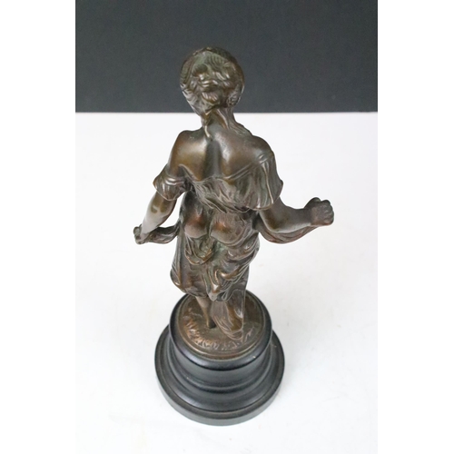 141 - Pair of brass Art Nouveau sculpture female figurines on turned wooden bases, one named 'Modestie' an... 