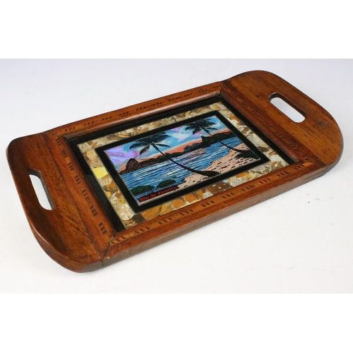 144 - Early 20th century mahogany inlaid ‘ Rio de Janeiro ‘ twin handed tray inset with butterfly wings, 3... 