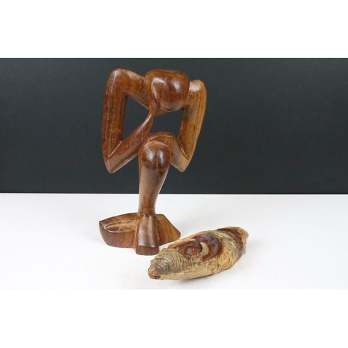 145 - Carved wooden figure abstract sculpture of 'thinker' H 28cm together with a hand carved Well's wizar... 