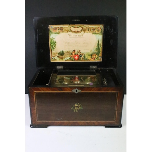 146 - 19th century Swiss cylindrical ‘ Bells in sight ‘ music box, eight airs, the mahogany and rosewood c... 