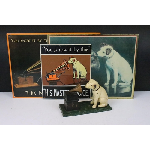 150 - Three His Master's Voice HMV vintage advertising signs, largest H 30cm W 40cm together with a cast m... 