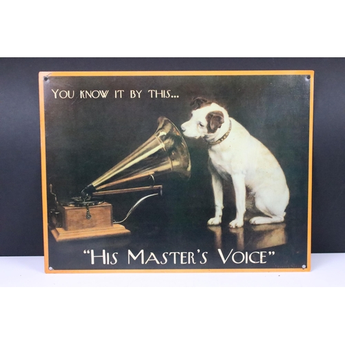 150 - Three His Master's Voice HMV vintage advertising signs, largest H 30cm W 40cm together with a cast m... 