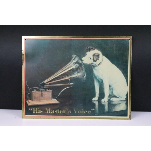 150 - Three His Master's Voice HMV vintage advertising signs, largest H 30cm W 40cm together with a cast m... 