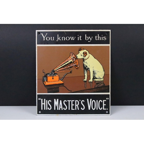 150 - Three His Master's Voice HMV vintage advertising signs, largest H 30cm W 40cm together with a cast m... 