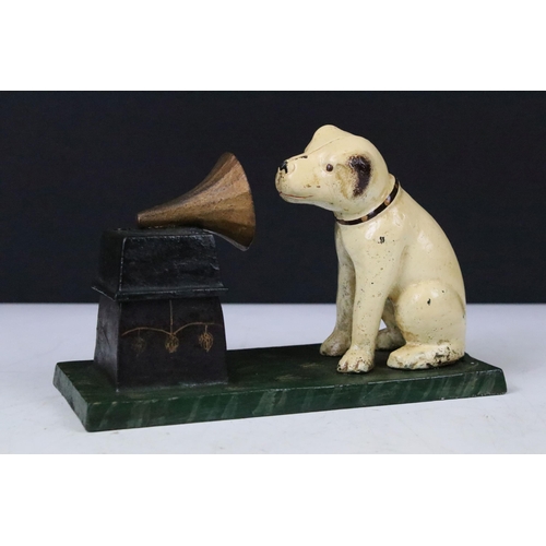 150 - Three His Master's Voice HMV vintage advertising signs, largest H 30cm W 40cm together with a cast m... 