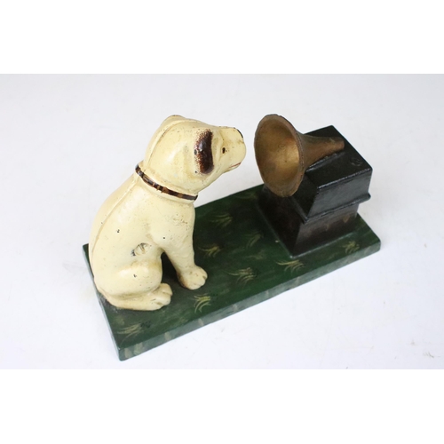 150 - Three His Master's Voice HMV vintage advertising signs, largest H 30cm W 40cm together with a cast m... 