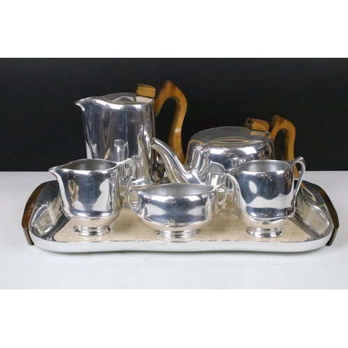 151 - Mid century Picquot Ware six piece tea and coffee set with matching tray