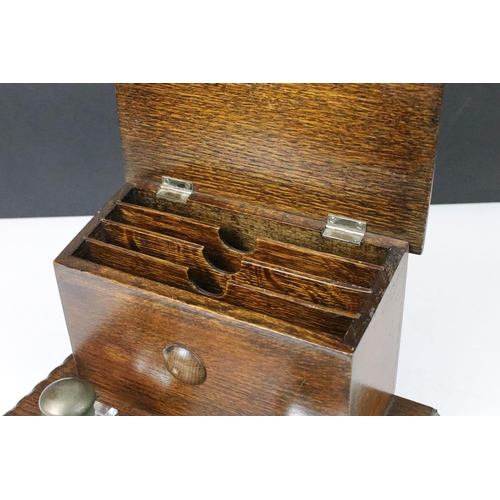 155 - 20th century carved beaded edge wooden lidded desk tidy with glass ink wells, four letter partitions... 