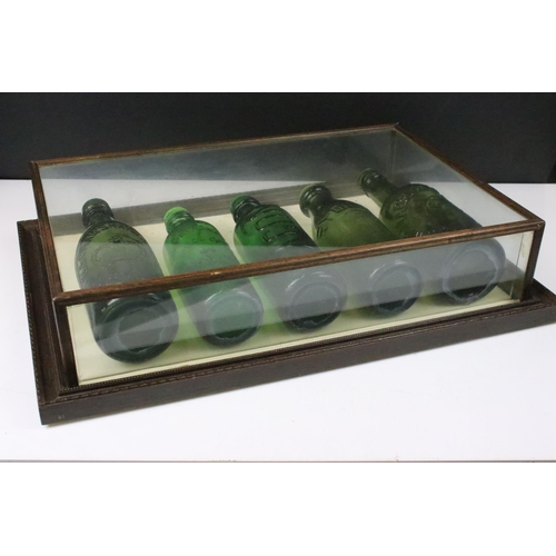 162 - Five 20th century green glass beer bottles in wood and glass display case H 36cm W 51cm D 11cm