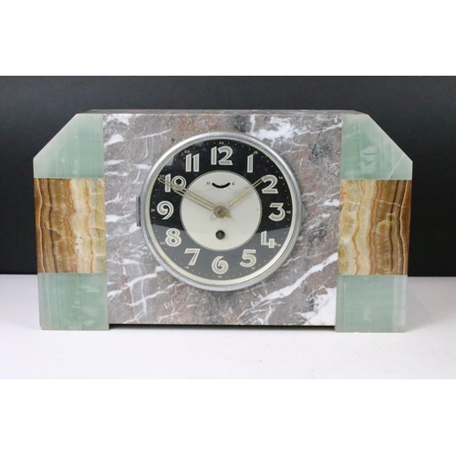 164 - Three Art Deco marble mantle clocks c.1925 -1935 one example with circular face and decorative heron... 